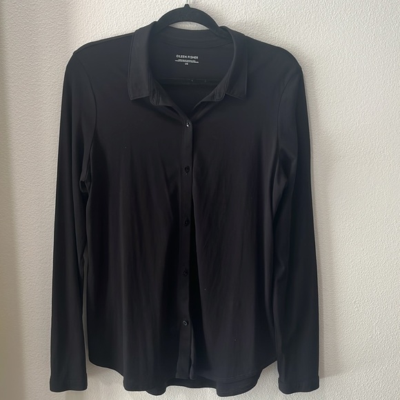 Eileen Fisher Black Blouse Button Down Collared 100% Organic Cotton Sz L - Picture 3 of 6